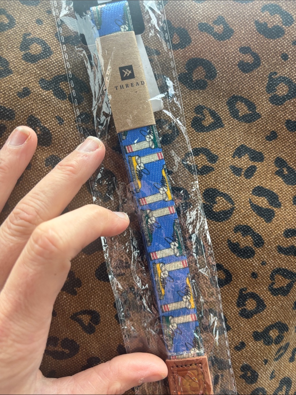 Blue Patterned Fabric Lanyard with Tan Leather Accent and Antique Brass Clip
